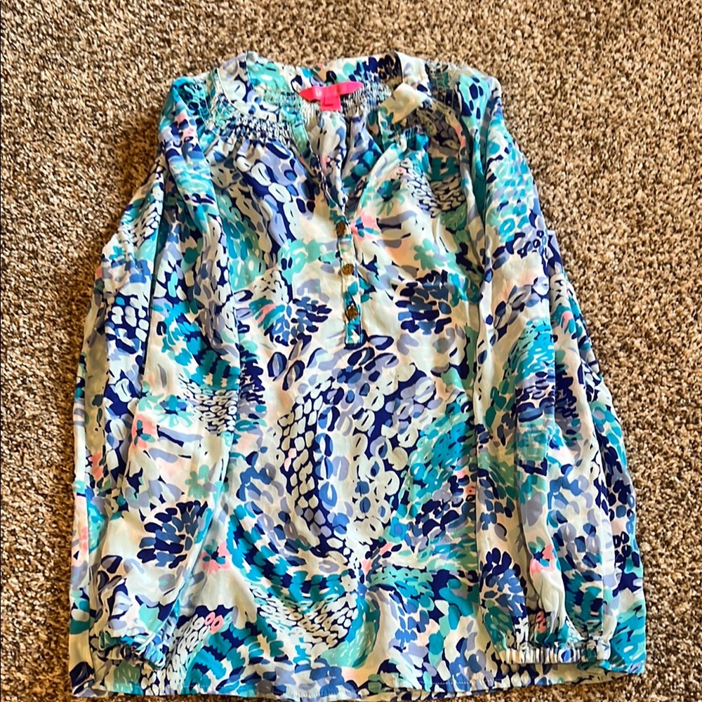 Lilly Pulitzer Blue and Green Patterned Silk Blouse Size XS